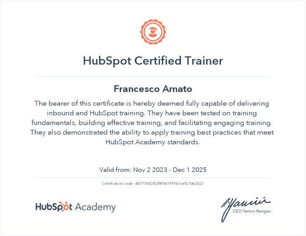 Certificato HubSpot Trainer di Francesco Amato - d8715652425f41b1991b1ce5c7de2821